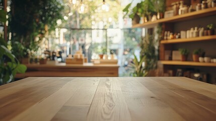 Natural wood tabletop foreground, diffused shop interior backdrop, timber frame structure, abundant natural lighting, decorative greenery, commercial space composition