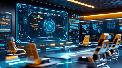 Obraz premium futuristic control room with digital displays - cyberpunk aesthetics