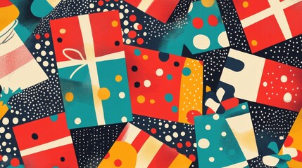 Obraz premium nostalgic gift wrapping pattern, bold holiday colors, polka dot and stripe details, scattered sparkle elements, funky vintage style, geometric present shapes, retro christmas design, cheerful pattern