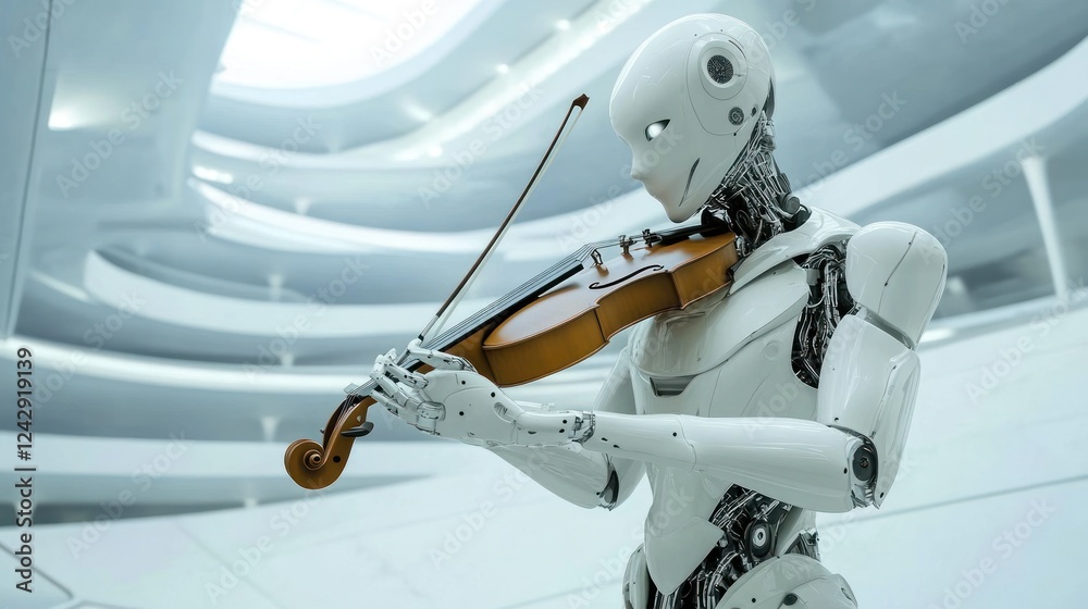Poster a humanoid robot plays a violin skillfully in a modern building