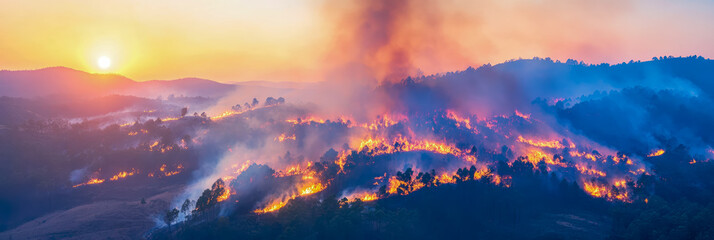 Naklejka premium Sunset Inferno: Wildfire Engulfs Hillside