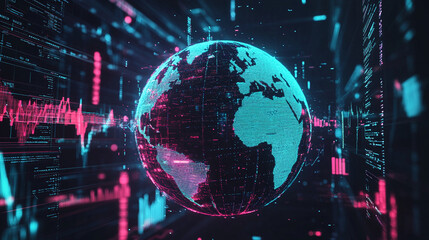 Futuristic glowing digital globe with interconnected neon blue lines, symbolizing artificial intelligence, global networks, and advanced data technology