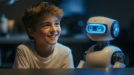 A boy is smiling at a robot