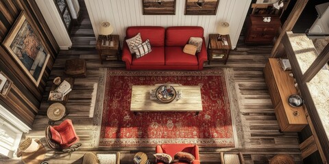 Rustic Living Room Overhead View Red Sofa Decor