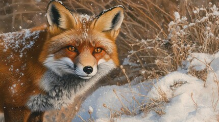 Fototapeta premium A close-up of a red fox standing in a snowy meadow, its thick fur glistening under soft winter sunlight, with a curious