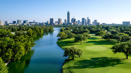 Austin skyline, golf course, river, summer, cityscape