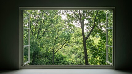 Naklejka premium Lush Green Treetop View Through Open Window