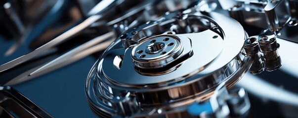 Hard disk drive platter spinning inside open hdd showing data storage technology