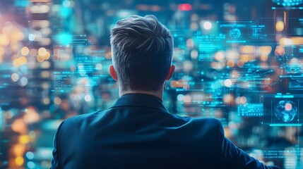 Fototapeta premium data analyst at night, futuristic city - futuristic technology