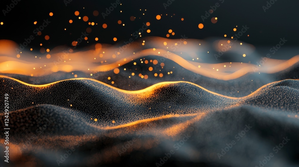 Poster abstract waves with glowing particles creating a dynamic and mystical atmosphere in a dark backgroun
