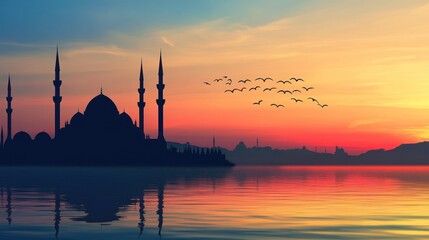 Silhouette Mosque Sunset Scenic Cityscape Reflection