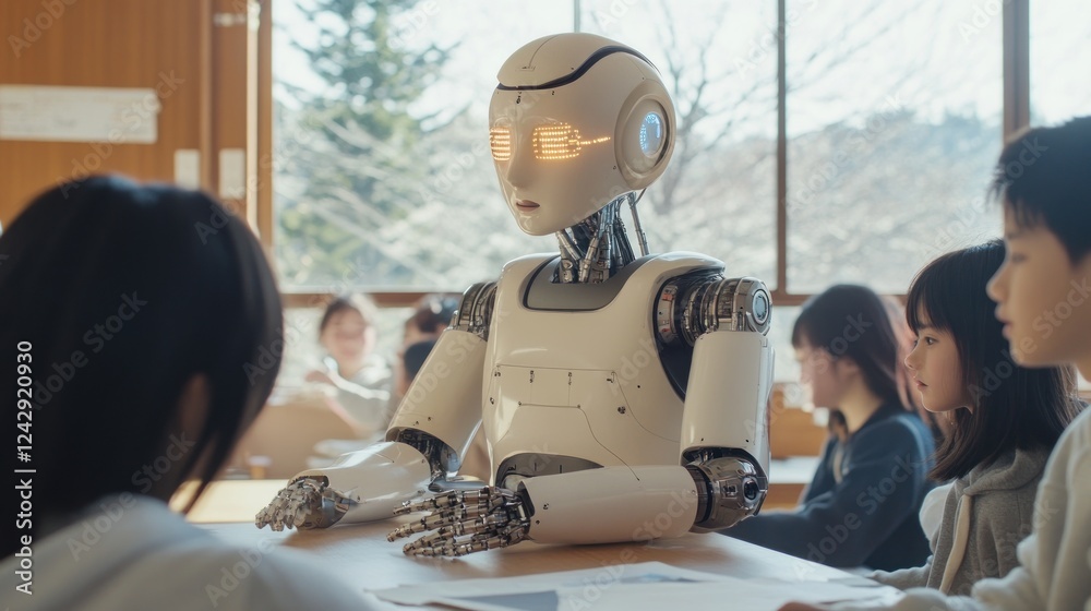Poster robot teacher interacting with students in classroom