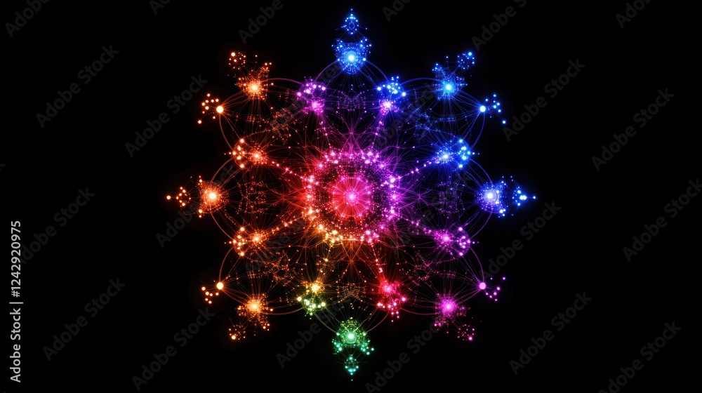 Poster a vibrant rainbow network displays interconnected nodes