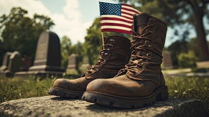 Worn Boots and American Flag at a Gravesite