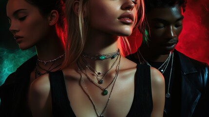 A promotional campaign for eco-friendly meteorite jewelry, with models wearing necklaces made from space rock fragments.
