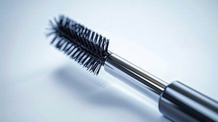 A detailed close-up of a mascara tube with an elegant design, isolated on a clean white background, showcasing its fine details and smooth, reflective surface.