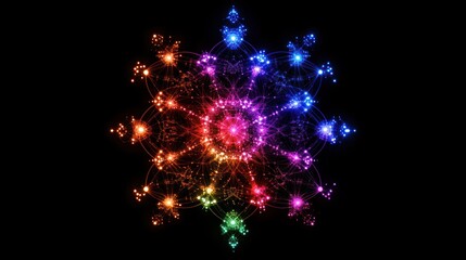 A vibrant rainbow network displays interconnected nodes