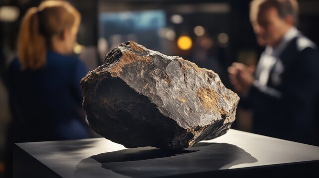 A rare and valuable meteorite being auctioned, with bidders examining its certification and provenance.