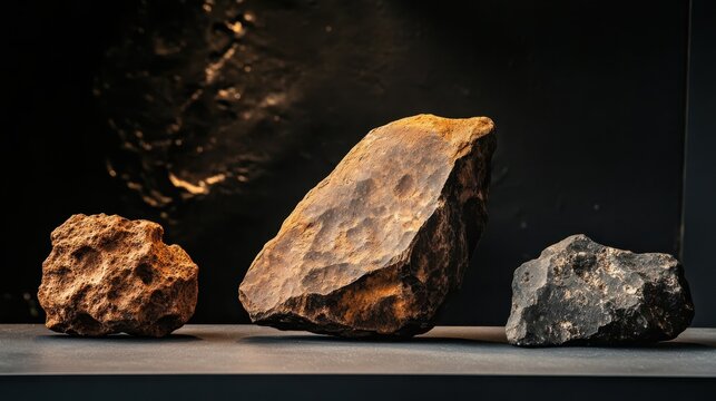 A rare Martian meteorite displayed alongside its terrestrial counterparts, showcasing its scientific significance.