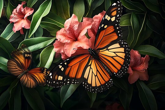 A Monarch butterfly alighting on a fragrant, pink azalea bloom, surrounded by the lush foliage of a garden in full bloom.