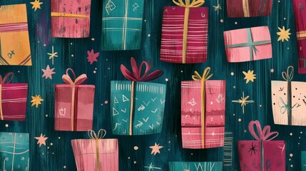 whimsical present collection, vintage inspired palette, modern geometric shapes, hand drawn holiday pattern, teal and mauve accents, retro star motifs, playful gift boxes, textured illustration