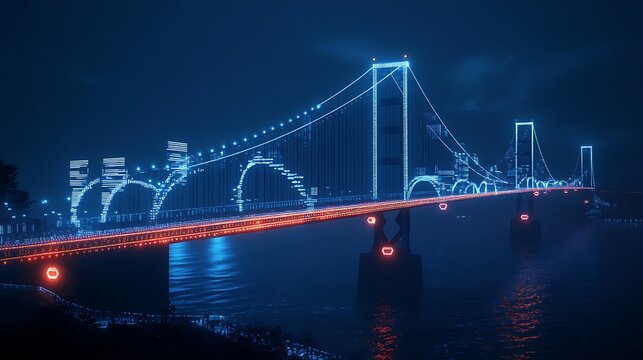A night view of an iconic bridge with glowing digital arcs symbolizing data traveling between regions.