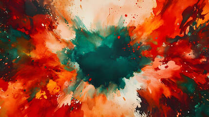 Fototapeta premium A mix of bright orange, red, and green paint bursts, filled with movement and creativity.