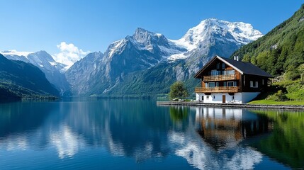 A house on the shore of a lake with mountains in the background