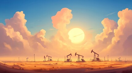 Desert Oil Pumps Under a Sunset Sky