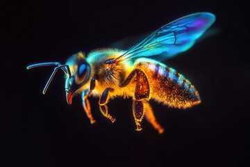 bioluminescent honeybee in flight captured in ultra-macro photography, iridescent wings, golden pollen dust, ethereal glow against black background