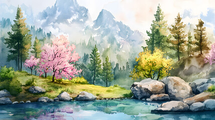 A beautiful watercolor landscape painting of an spring mountain scene with trees, rocks, and a lake. Watercolor illustration of a forest in the spring season. Digital art design for print on canvas.