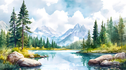 A beautiful watercolor landscape painting of an spring mountain scene with trees, rocks, and a lake. Watercolor illustration of a forest in the spring season. Digital art design for print on canvas.