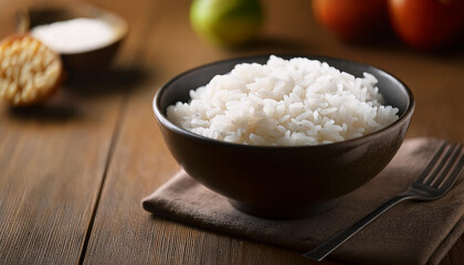 Bowl of cooked white rice. Tasty food. Delicious meal. Healthy eating. Cooking and culinary.