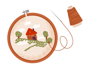 Embroidery hoop with a rural house and landscape. Cozy handcrafted art. Flat vector illustration. © vik.stock