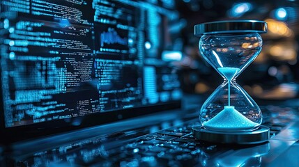 Time and Code: Hourglass on a Laptop with Blue-Toned Code on Screen