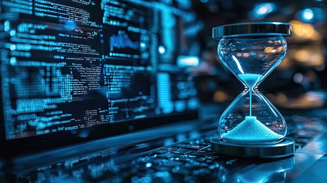 Time and Code: Hourglass on a Laptop with Blue-Toned Code on Screen