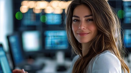 female IT tech support manager smiling warmly while assisting a colleague in a sleek, modern office.