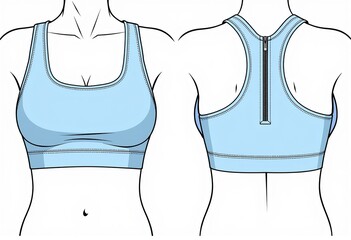 Square Neck Sports Bra, Zipped Crop Top, Technical Drawing, Slim Fit, Front Back View, White Blue, Women's Top CAD Mockup, Activewear Fashion, Fashion Flat.
