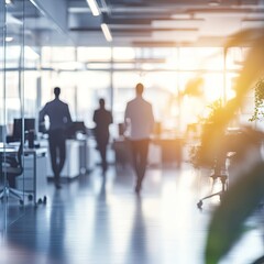 Blurred office interior background with a blurred door and glass wall, blurry bokeh light effect for a business concept design. High-quality photo, taken with a telephoto lens in realistic daylight. 