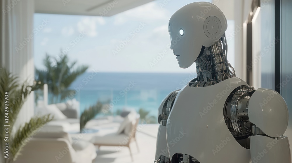 Poster advanced robot stands in modern beachfront home