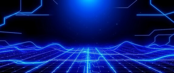 Futuristic landscape with blue lines and digital patterns