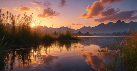 Vibrant sunset over tranquil lake with lush reed flowers, peaceful scene, , sunset