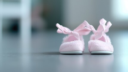Pink baby shoes on floor, blurred background, nursery