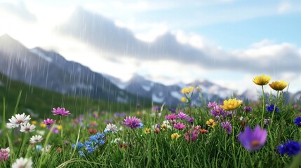 Rain Shower Over Colorful Wildflower Meadow And Mountain Landscape