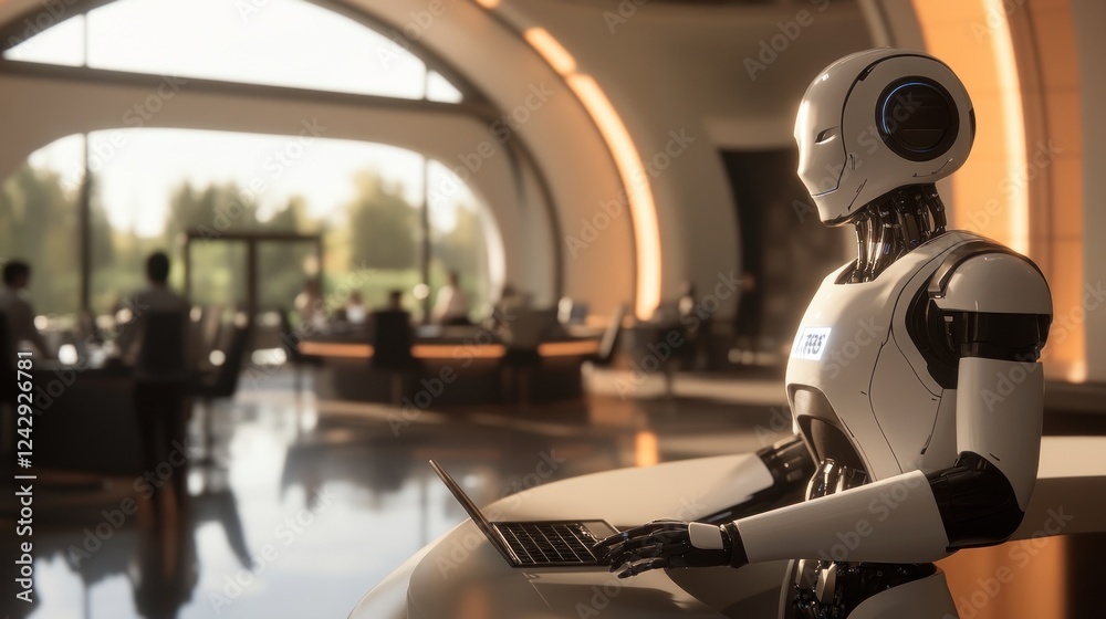 Poster Robot Using Laptop in Modern Office Setting