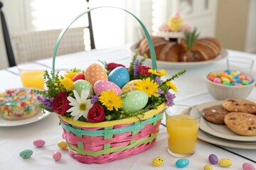 Fototapeta premium Vibrant Easter basket filled with colorful eggs, candy, and flowers on a festive breakfast table, breakfast table, spring decor, vibrant eggs, candy