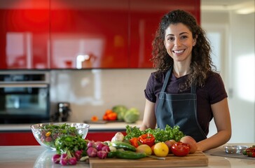 an attractive young smiling woman in her thirties wearing a black and white striped apron, standing behind the counter with various vegetables on it while preparing a salad for lunch
