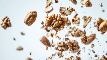 Obraz premium A high-speed shot of walnuts breaking open mid-air with pieces soaring and subtle splashes of crushed walnut pieces against a smooth white background