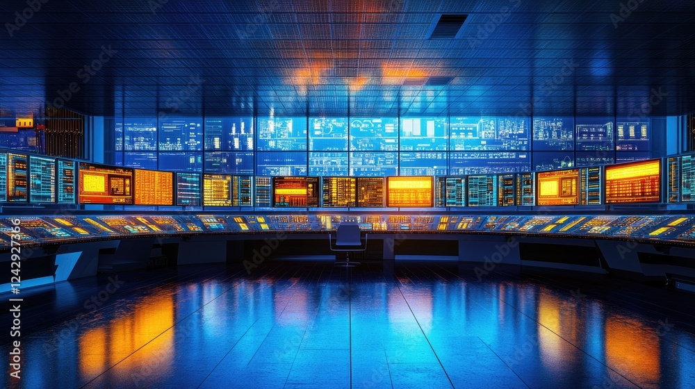 Poster Modern Control Room with Extensive Monitoring Screens