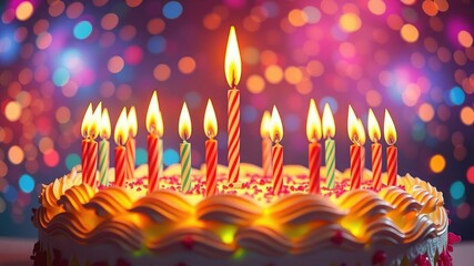 Vibrant and captivating birthday cake featuring a mesmerizing array of glowing candles in a dramatic pattern, celebratory celebration, sumptuous sweets